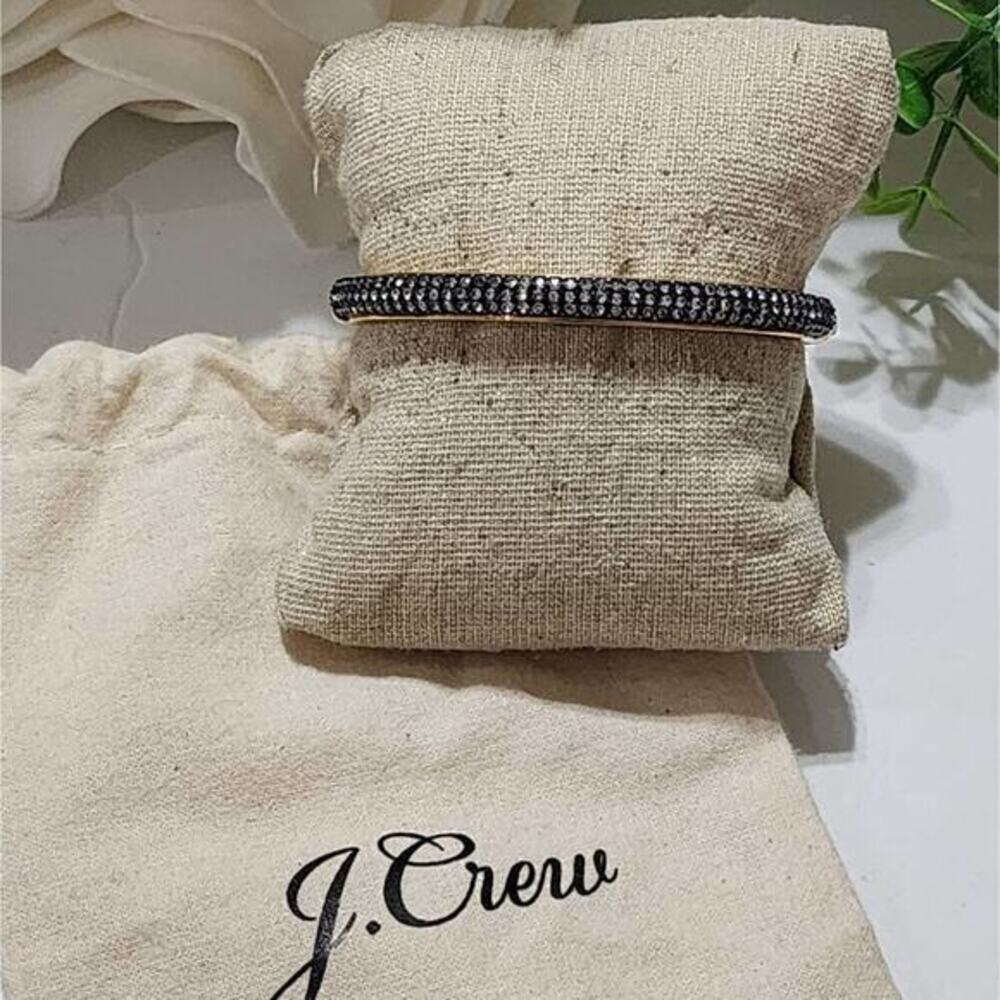 J. Crew Gold Tone Pave Crystal Hinge Bangle Bracelet Black Sparkle with Dust Bag